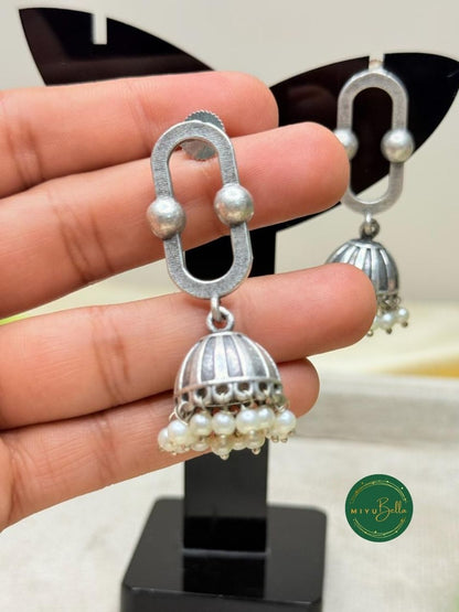 Isha - Silver Finish Pearl Drop Jhumka Earrings