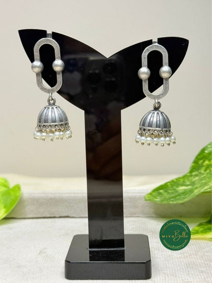Isha - Silver Finish Pearl Drop Jhumka Earrings