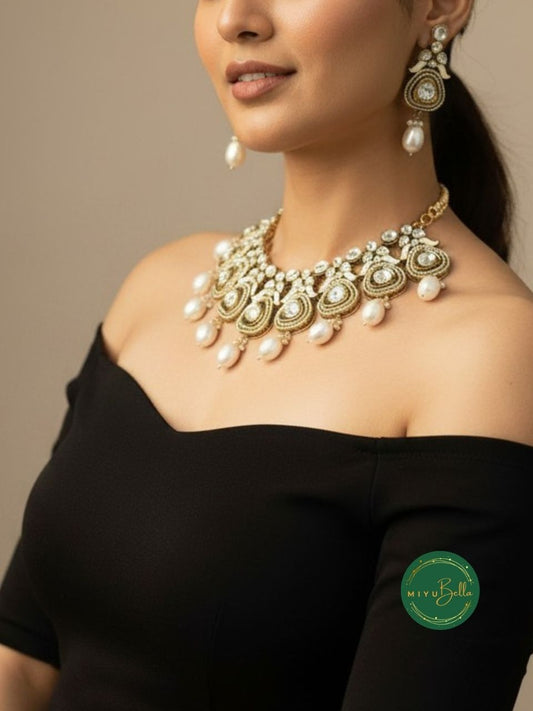 Jaanvi - Pachi Kundan & Moissanite Pearl Necklace Set