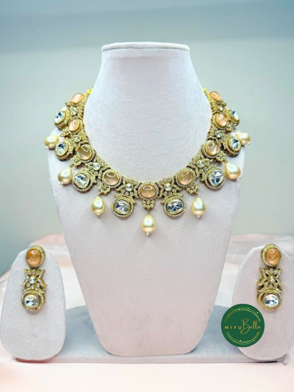 Jaanvi – Pachi Kundan, Moissanite Polki and Pearl Necklace Set in Oxidized Gold
