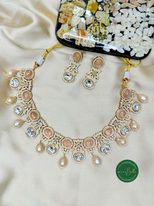 Jaanvi – Pachi Kundan, Moissanite Polki and Pearl Necklace Set in Oxidized Gold