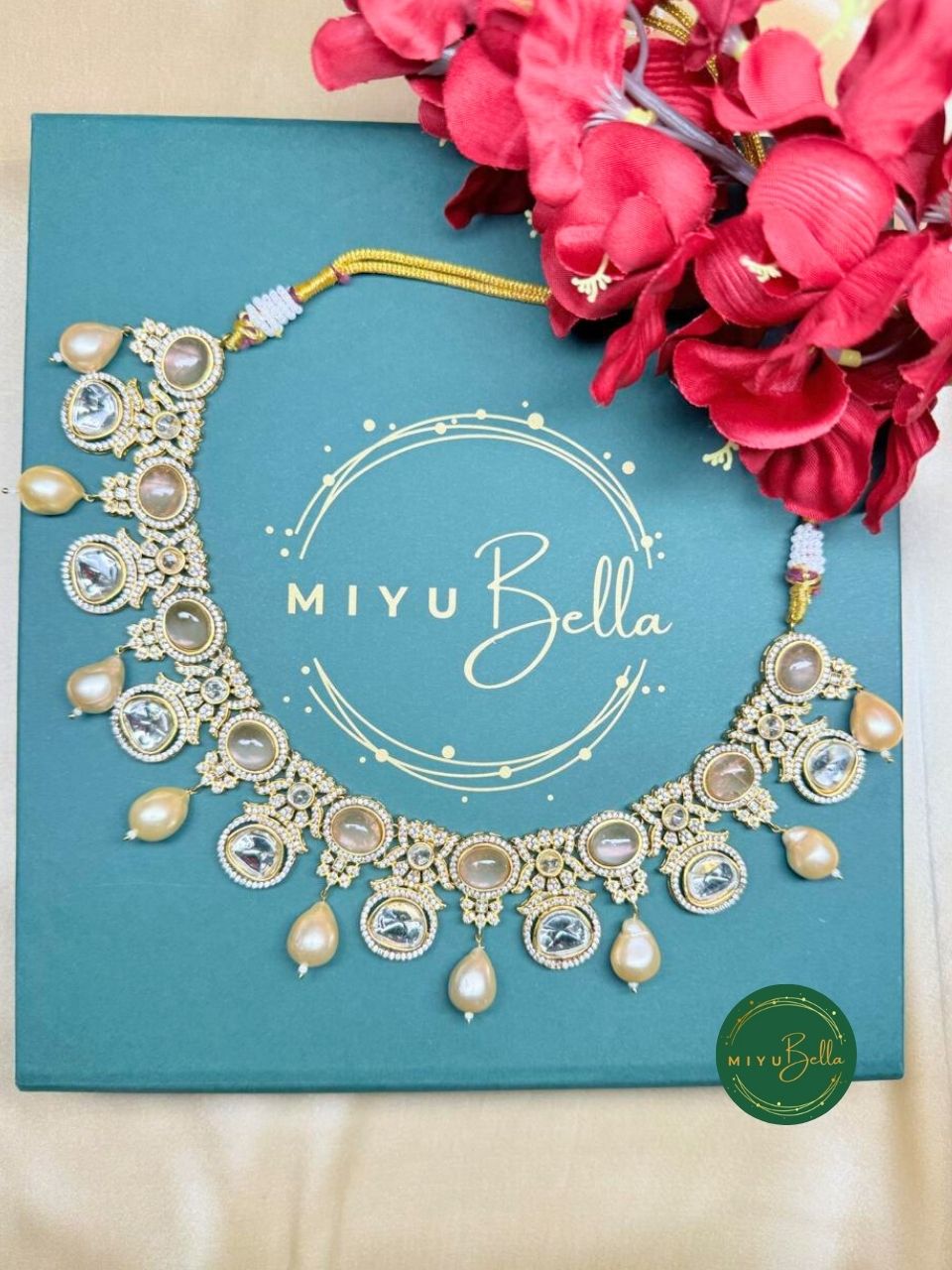 Jaanvi – Pachi Kundan, Moissanite Polki and Pearl Necklace Set in Oxidized Gold