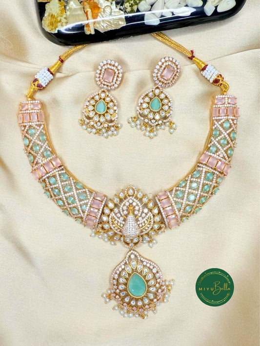 Jaanvi – Pachi Kundan, Moissanite Polki and Cubic Zirconia Necklace Set