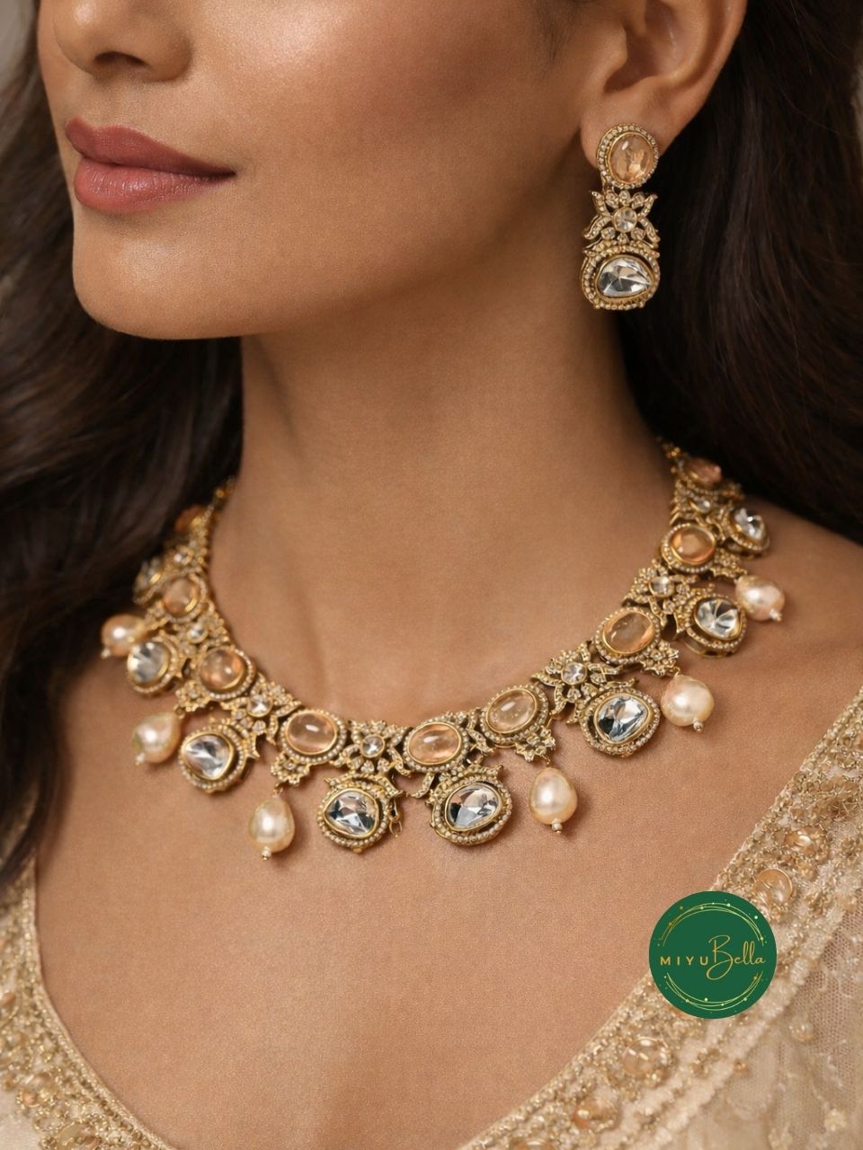 Jaanvi – Pachi Kundan, Moissanite Polki and Pearl Necklace Set in Oxidized Gold