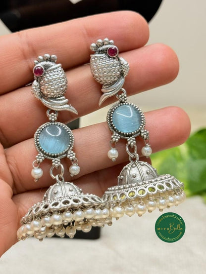 Kanak – Silver Finish Jhumkas with Pearls and Blue Stone Accents