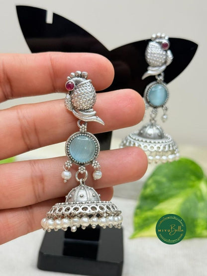 Kanak – Silver Finish Jhumkas with Pearls and Blue Stone Accents