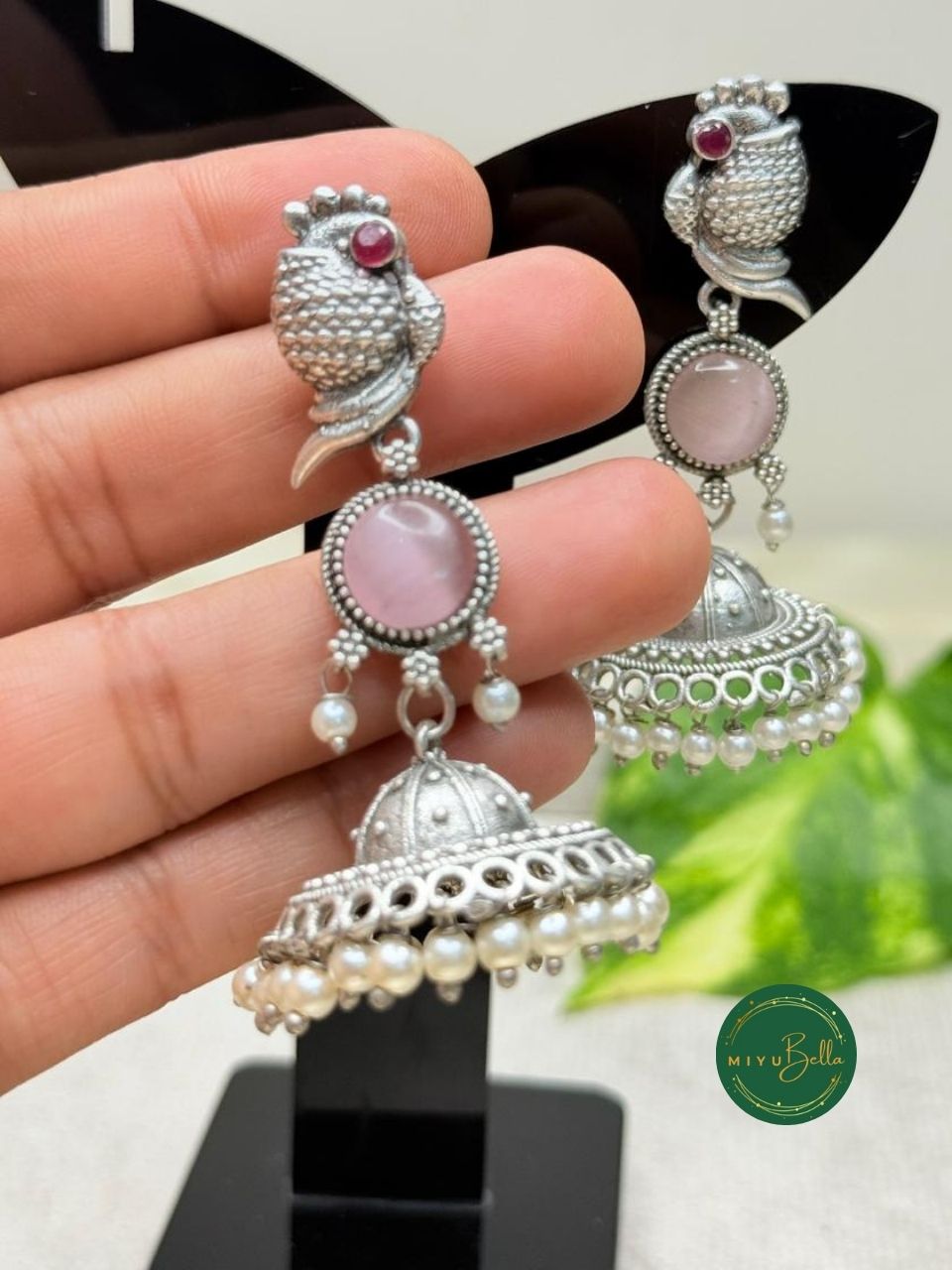 Kanak – Silver Finish Jhumkas with Pearls and Pink Stone Accents