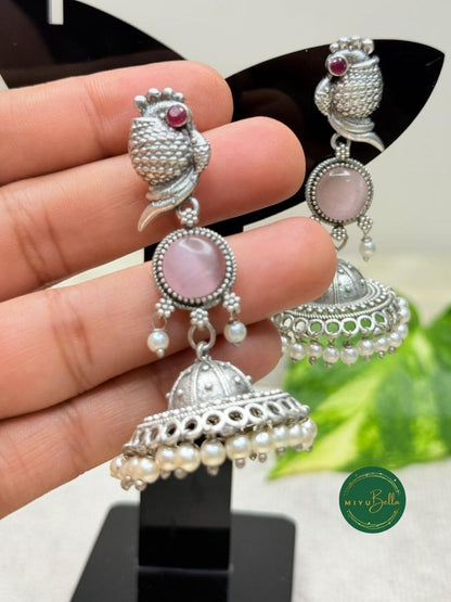 Kanak – Silver Finish Jhumkas with Pearls and Pink Stone Accents