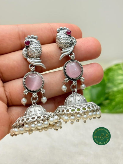 Kanak – Silver Finish Jhumkas with Pearls and Pink Stone Accents