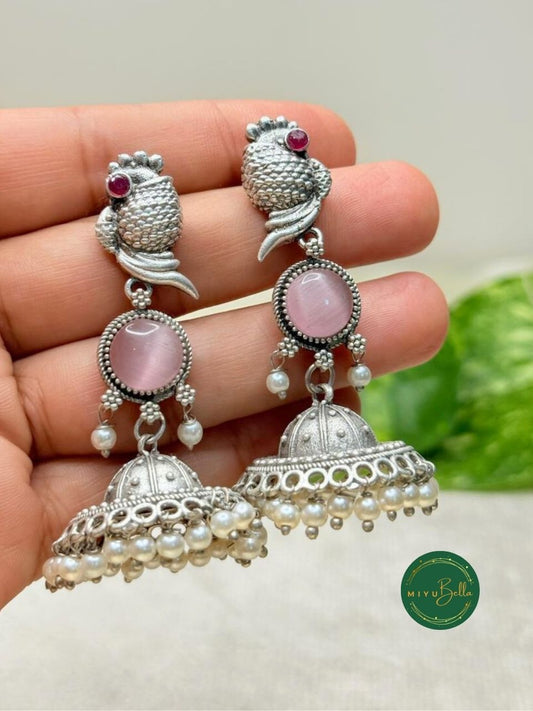 Kanak – Silver Finish Jhumkas with Pearls and Pink Stone Accents