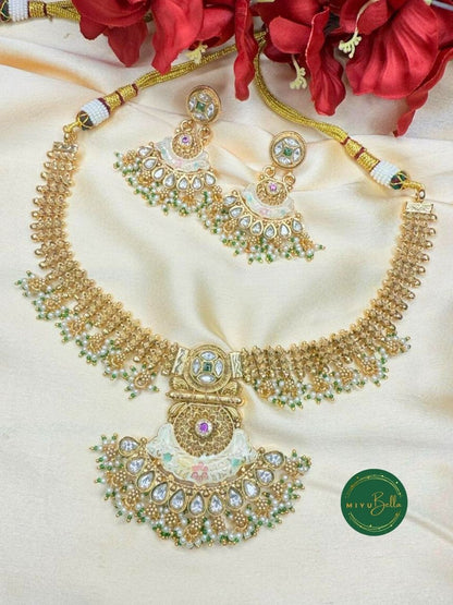 Meera - Meenakari, Filigree, Kemp Necklace Set in Oxidised Gold Polish