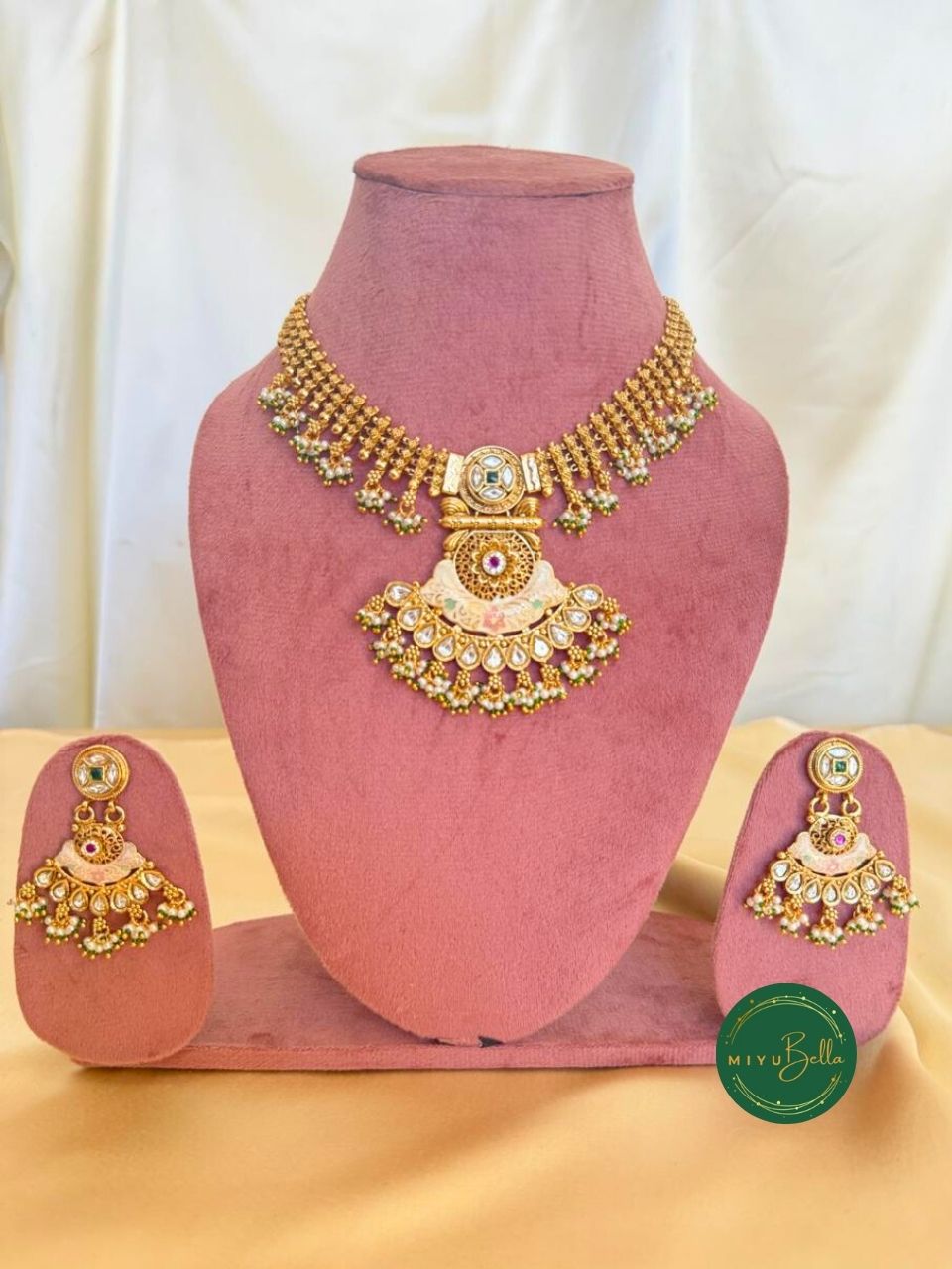 Meera - Meenakari, Filigree, Kemp Necklace Set in Oxidised Gold Polish