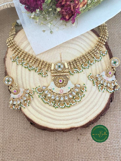 Meera - Meenakari, Filigree, Kemp Necklace Set in Oxidised Gold Polish