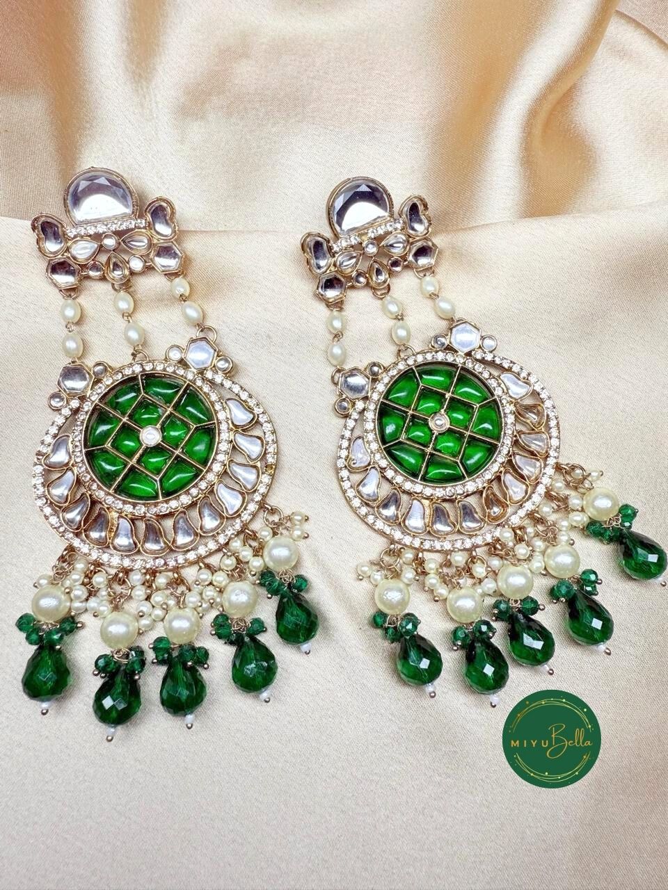 Nausheen – Regal Kundan Chandbalis with Emerald Hues