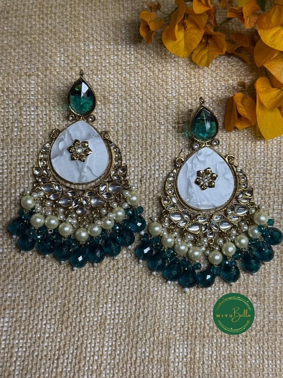 Noor Chandbali - Teal Green Kundan Earrings