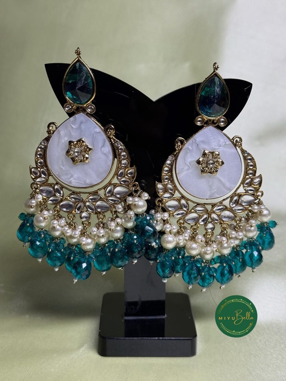 Noor Chandbali - Teal Green Kundan Earrings