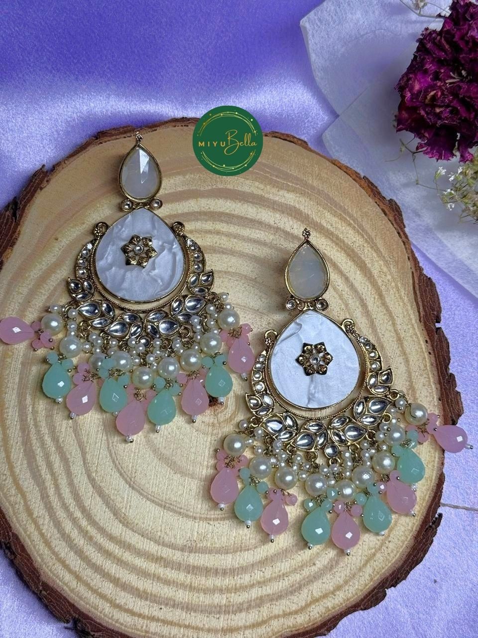 Noor Chandbali - Pastel Multicolor Kundan Earrings
