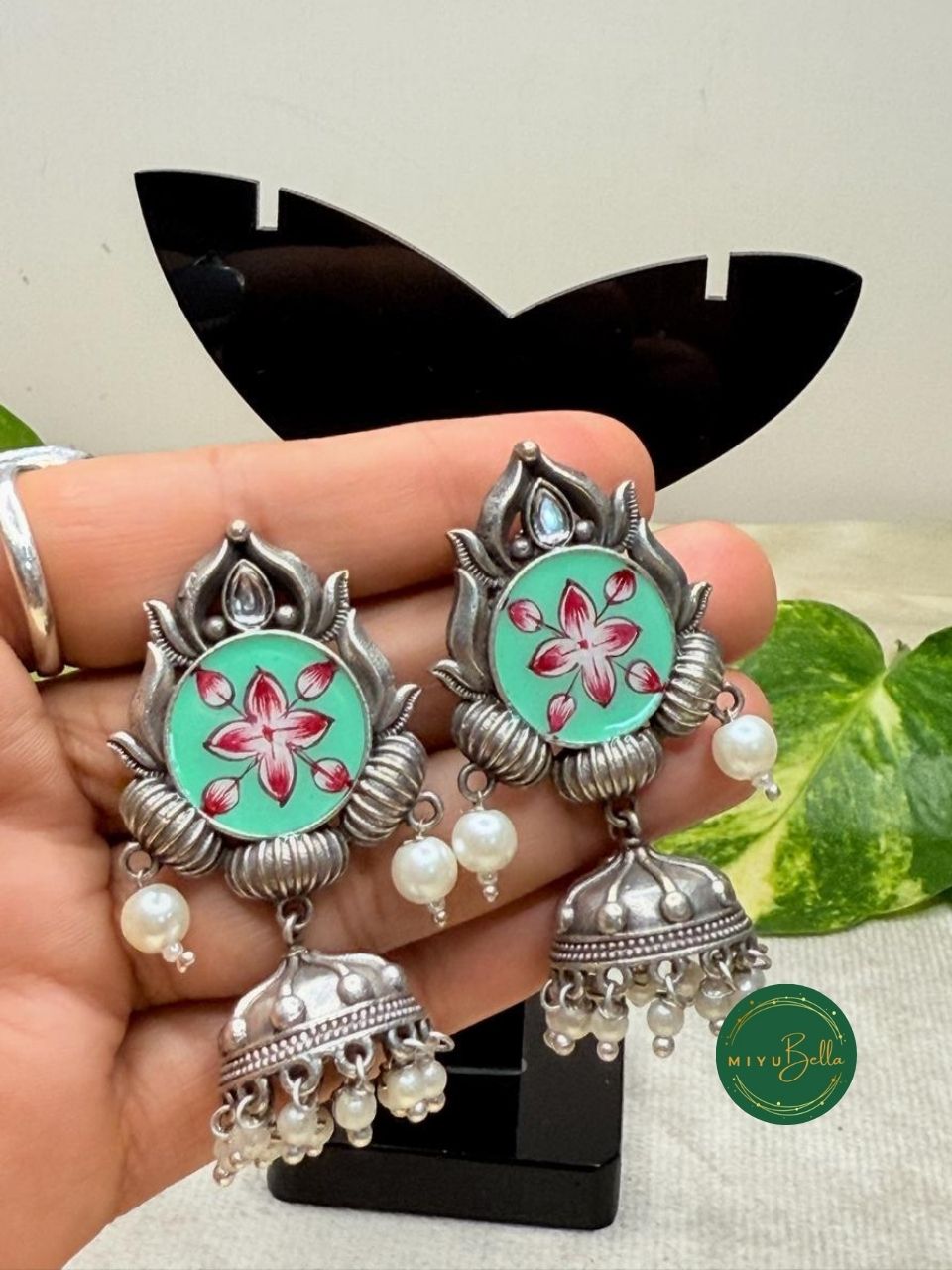 Rangrez - Hand-Painted Meenakari, Mint Green and Red Jhumkas