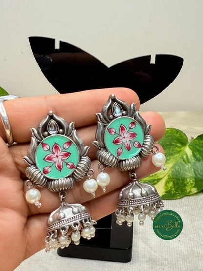 Rangrez - Hand-Painted Meenakari, Mint Green and Red Jhumkas