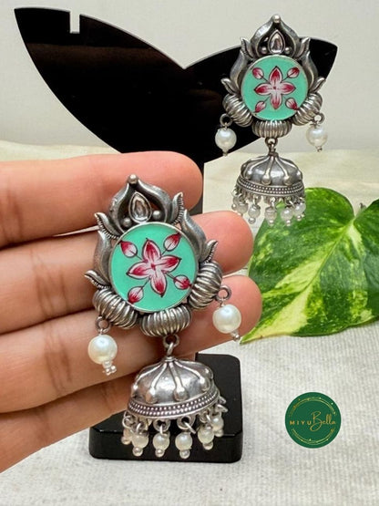 Rangrez - Hand-Painted Meenakari, Mint Green and Red Jhumkas