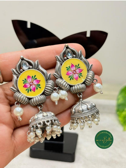 Rangrez - Hand-Painted Meenakari, Yellow and Pink Jhumkas