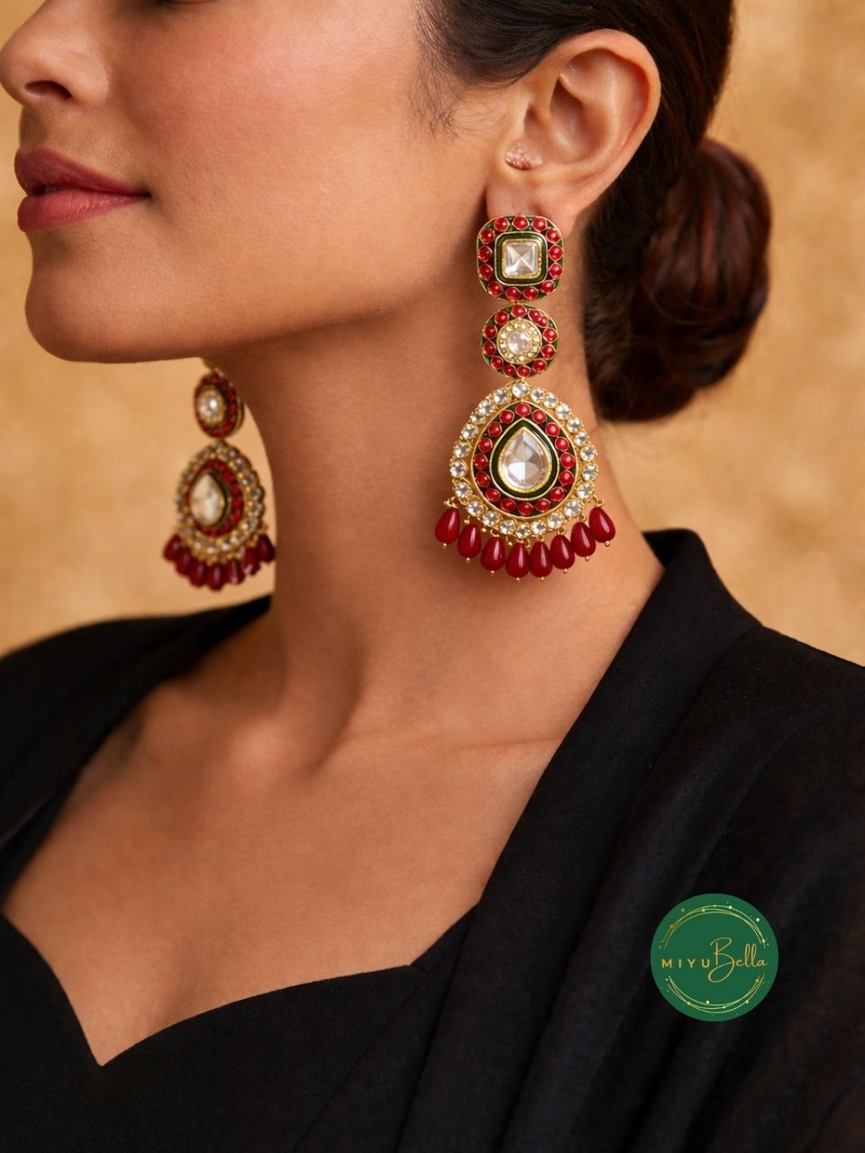 Ruhani - Red Kundan Meenakari Chandelier Earrings