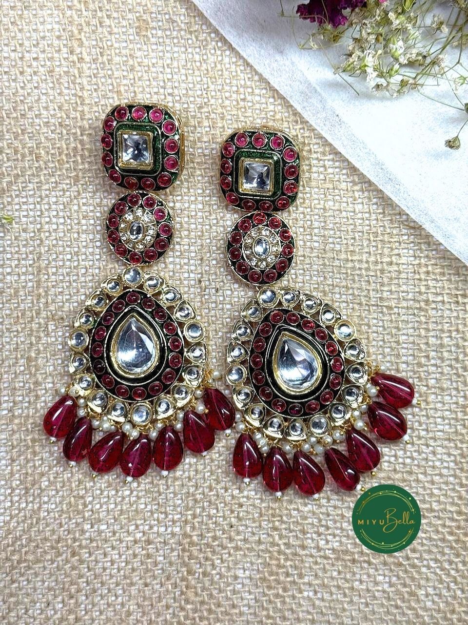 Ruhani - Red Kundan Meenakari Chandelier Earrings