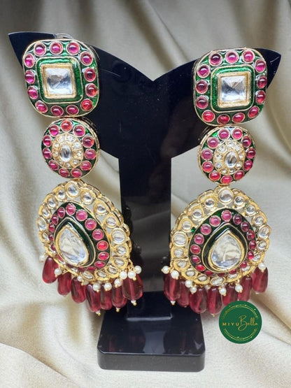 Ruhani - Red Kundan Meenakari Chandelier Earrings