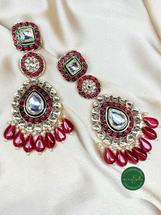 Ruhani - Red Kundan Meenakari Chandelier Earrings