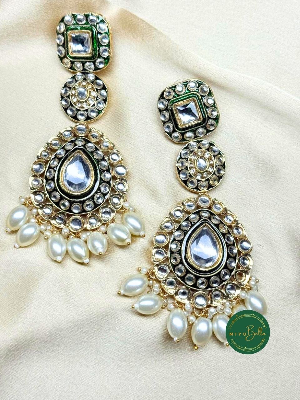 Ruhani - White and Green Kundan Meenakari Chandelier Earrings