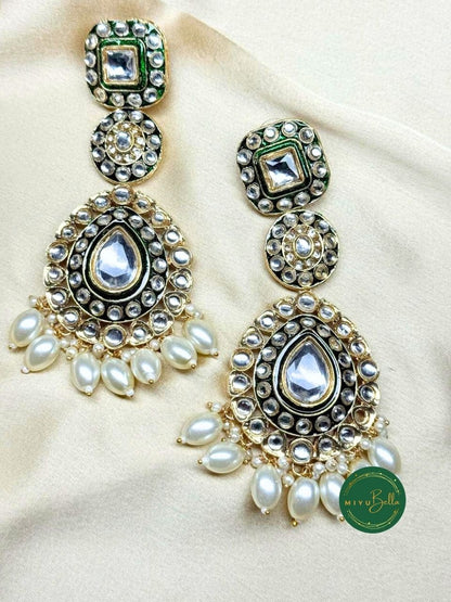 Ruhani - White and Green Kundan Meenakari Chandelier Earrings