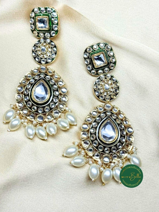 Ruhani - White and Green Kundan Meenakari Chandelier Earrings
