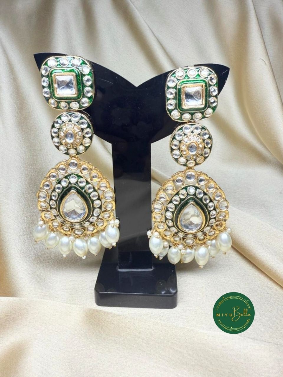Ruhani - White and Green Kundan Meenakari Chandelier Earrings