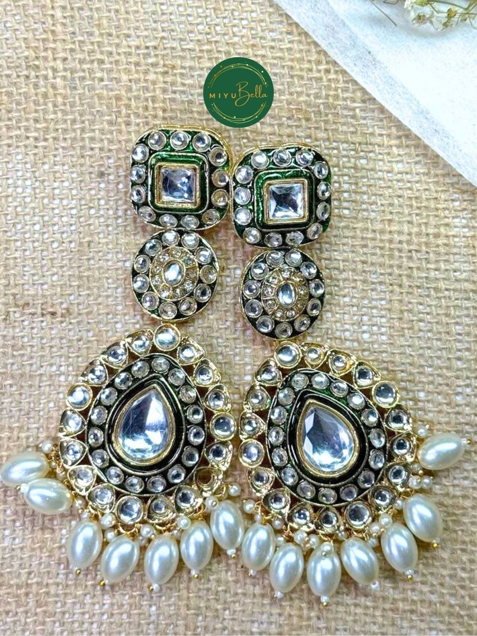 Ruhani - White and Green Kundan Meenakari Chandelier Earrings