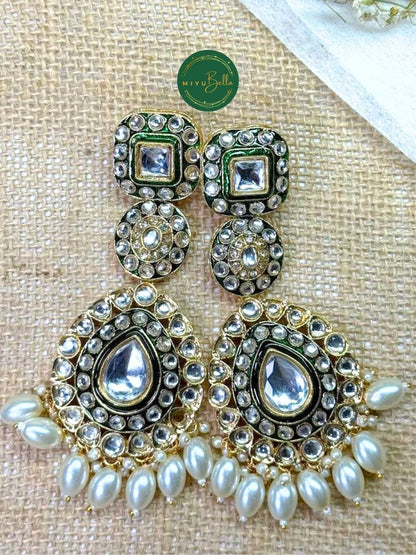 Ruhani - White and Green Kundan Meenakari Chandelier Earrings