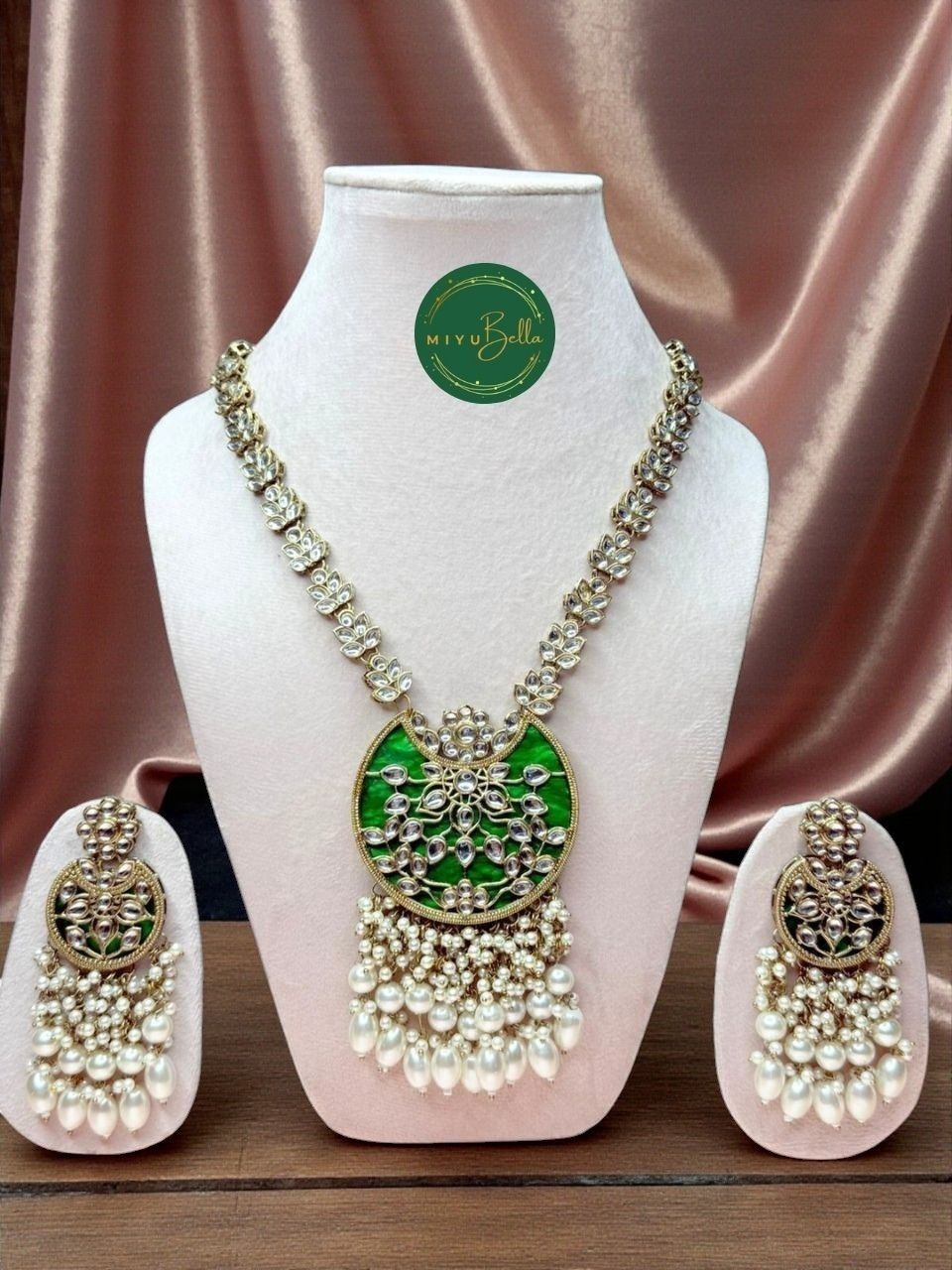Rukmini – Kundan & Pearl Emerald Green Statement Necklace Set