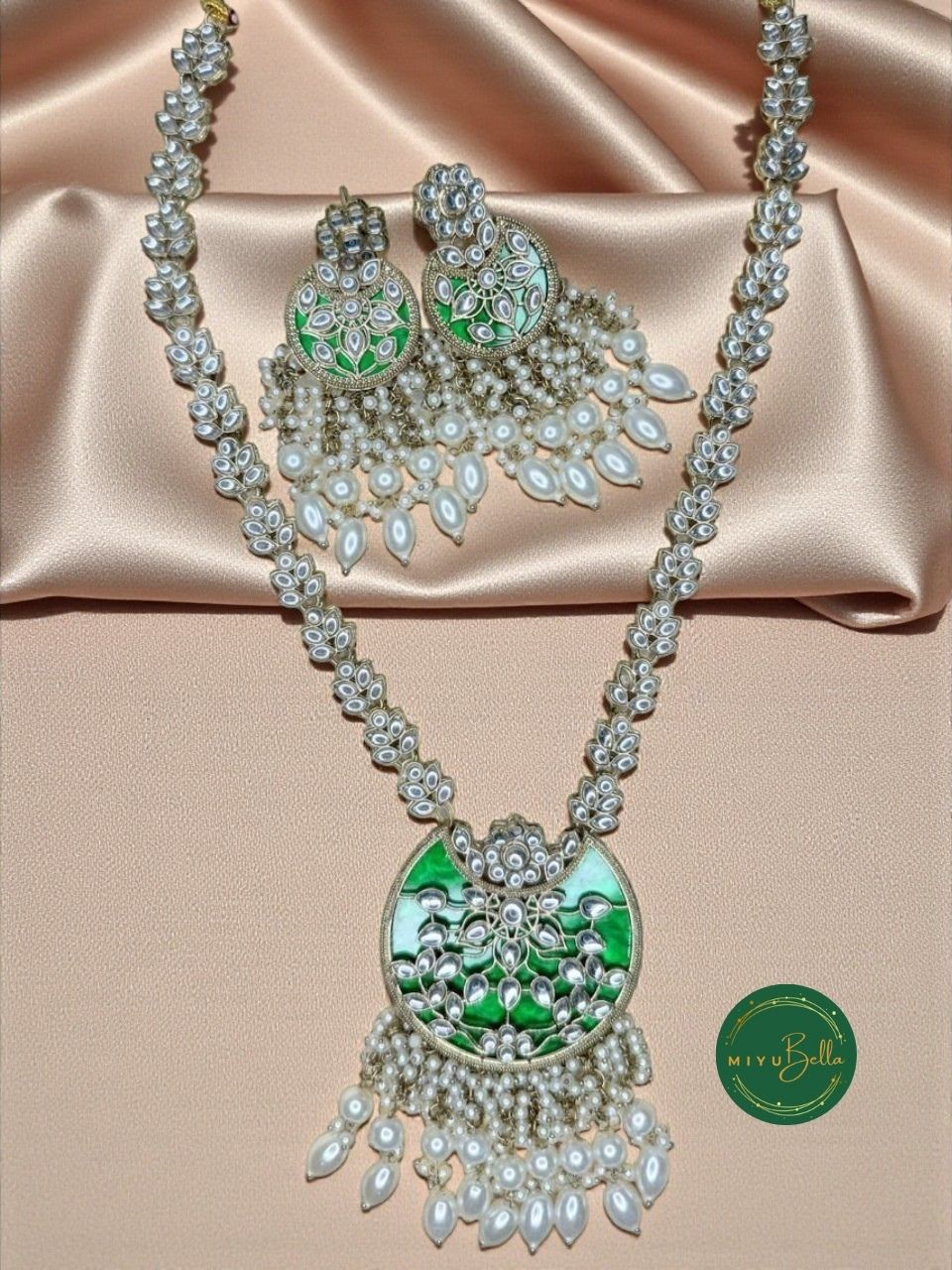 Rukmini – Kundan & Pearl Emerald Green Statement Necklace Set