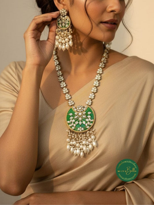 Rukmini – Kundan & Pearl Emerald Green Statement Necklace Set