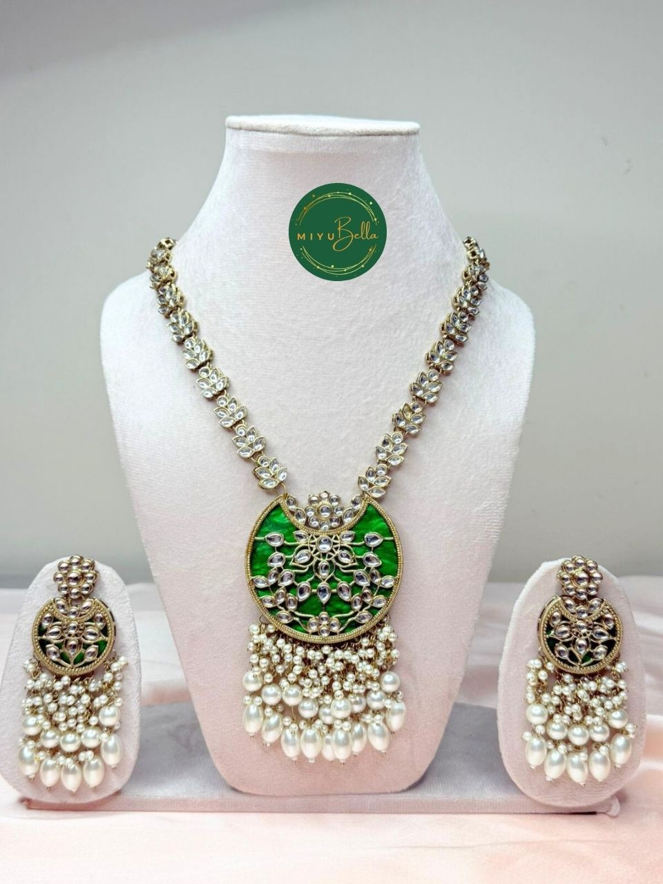 Rukmini – Kundan & Pearl Emerald Green Statement Necklace Set