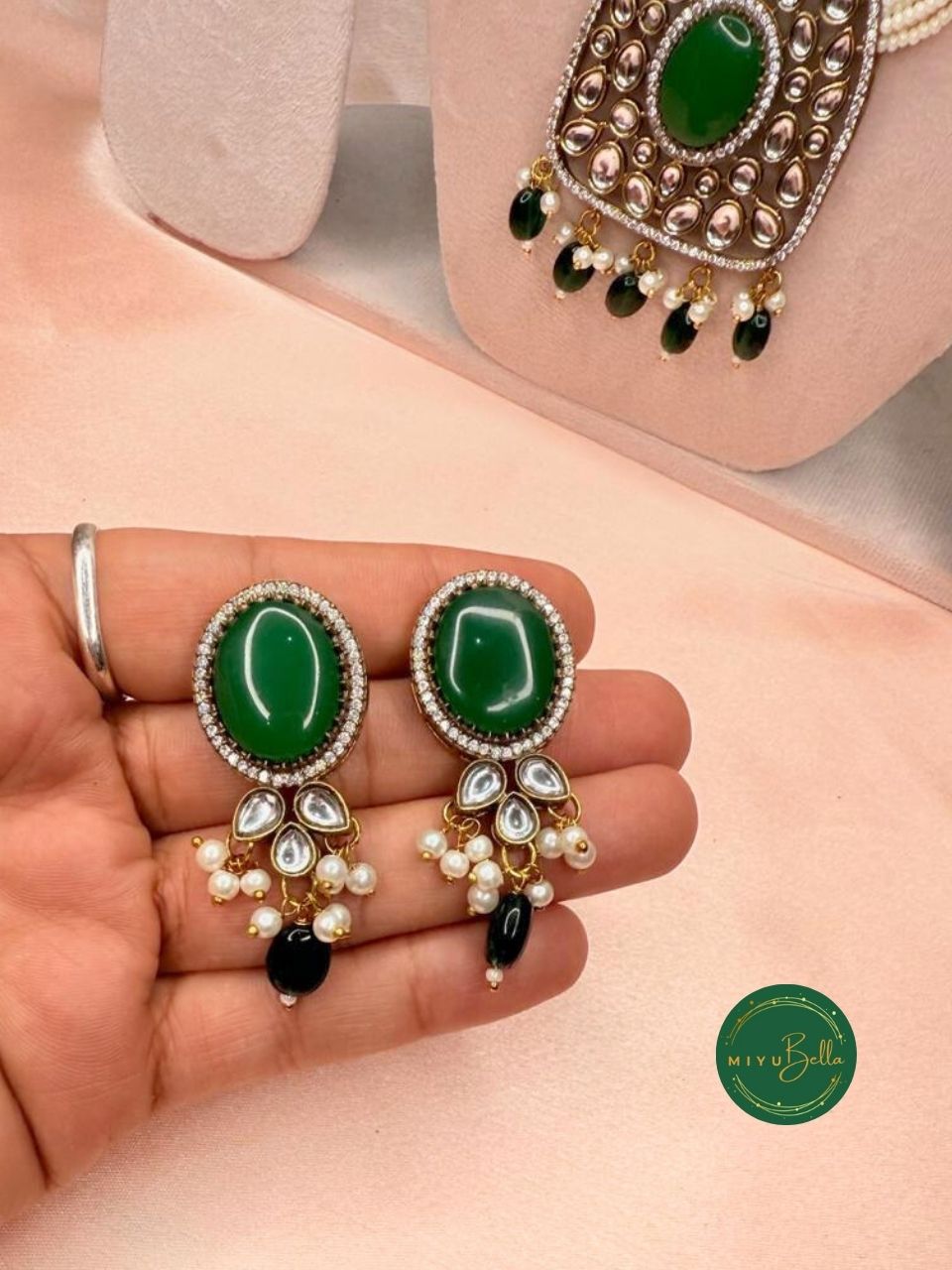 Rukmini – Pearl & Kundan Multi-Strand Heritage Necklace Set - Emerald