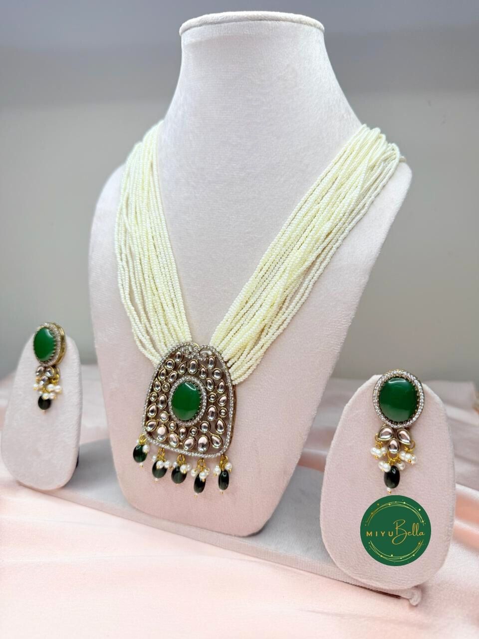 Rukmini – Pearl & Kundan Multi-Strand Heritage Necklace Set - Emerald