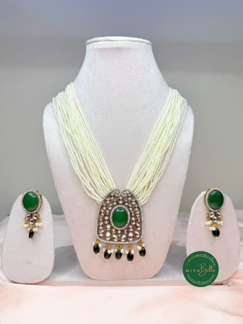 Rukmini – Pearl & Kundan Multi-Strand Heritage Necklace Set - Emerald