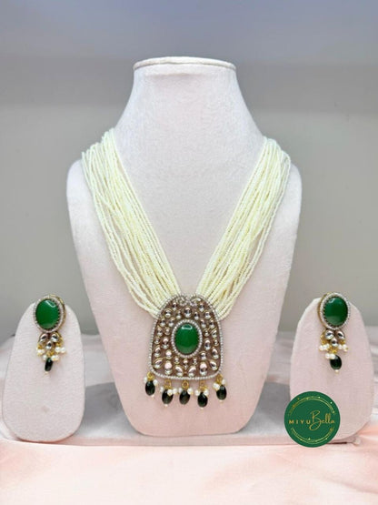 Rukmini – Pearl & Kundan Multi-Strand Heritage Necklace Set - Emerald