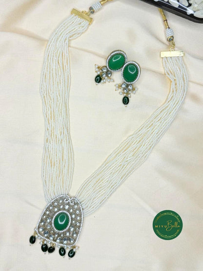 Rukmini – Pearl & Kundan Multi-Strand Heritage Necklace Set - Emerald