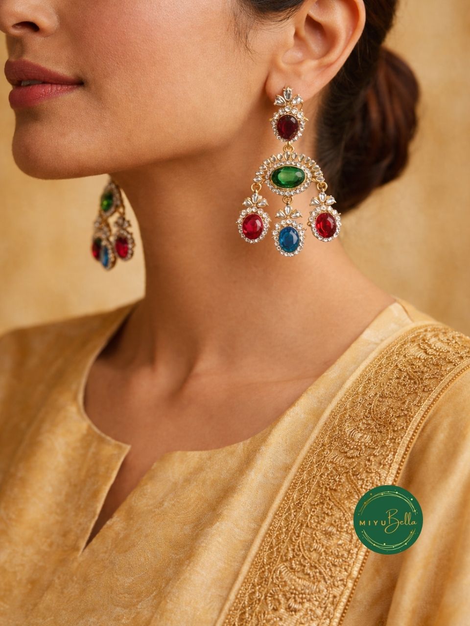 Saanchi – Antique Gold Kundan Multicolor Statement Earrings