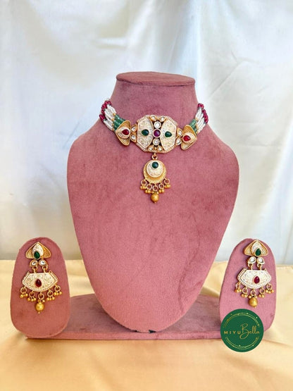 Sanyogita - Meenakari and Kemp Choker Set in Oxidised Gold Polish