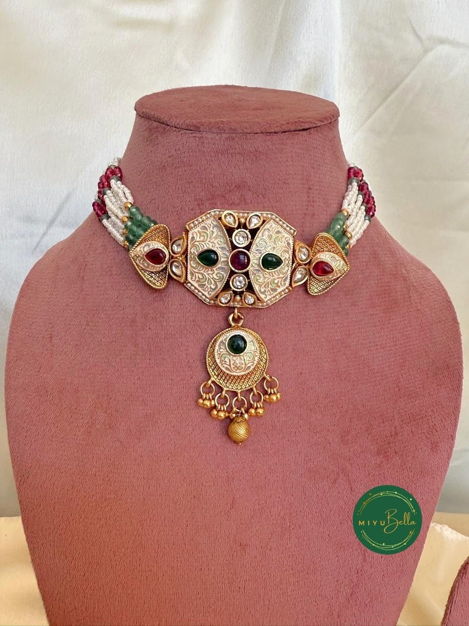 Sanyogita - Meenakari and Kemp Choker Set in Oxidised Gold Polish