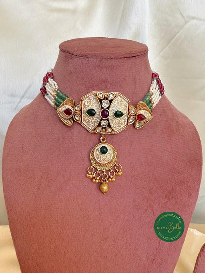 Sanyogita - Meenakari and Kemp Choker Set in Oxidised Gold Polish