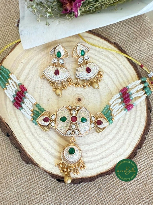 Sanyogita - Meenakari and Kemp Choker Set in Oxidised Gold Polish