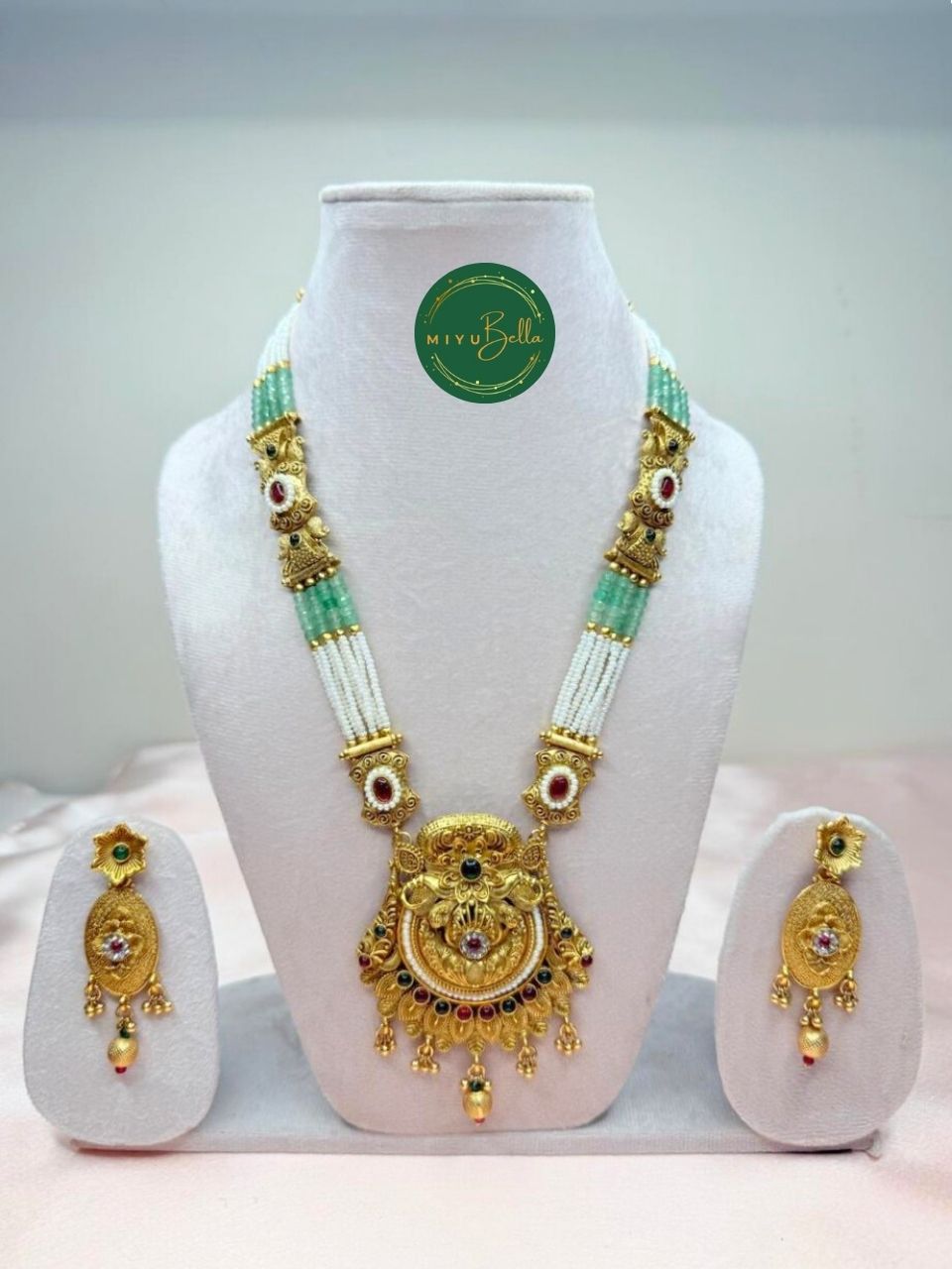 Vamika – Kemp Work, Pearls & Cubic Zirconia Temple Jewellery in Oxidised Gold Polish